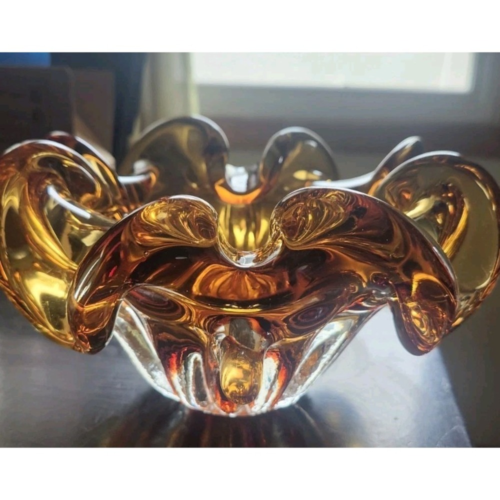 Amber Blown Glass Ashtray, Dish, Italy, MCM